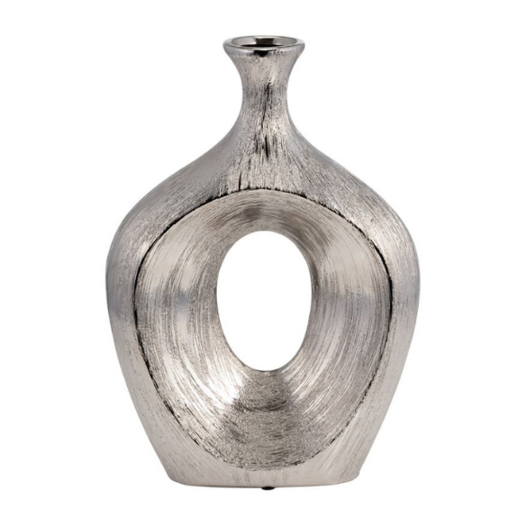 Abstract Sculptural Ceramic Vase with Unique Oval Cut-Out Design – 13" Modern Beaded Accent Vase for Tabletop or Shelf Décor, Ideal for Faux Florals and Statement Styling