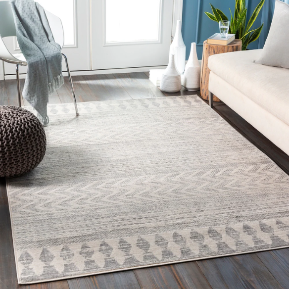 Southwestern-Inspired Geometric Rug – Gray Diamond, Chevron & Dot Patterns on Off-White, Stain-Resistant, Perfect for High-Traffic Areas