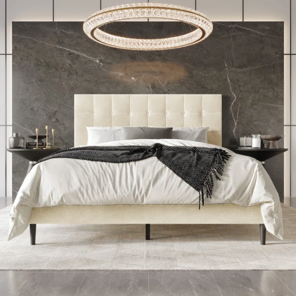 Luxurious Upholstered King Size Platform Bed with Tufted Velvet Headboard and Modern Tapered Legs – A Sophisticated Addition to Any Bedroom