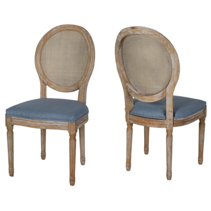 Light Denim Blue Upholstered Dining Chairs with Wicker Back and Natural Wood Frame (Set of 2) – French Country Farmhouse Accent Seating