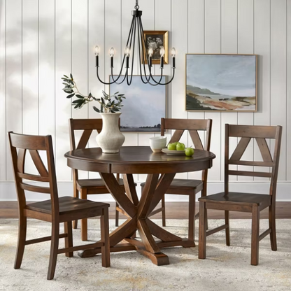 Charming Country-Style Dining Set with Rustic Appeal – Round Table & Geometric Back Chairs