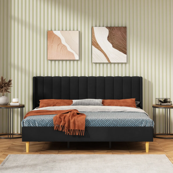 Luxury Corduroy Upholstered King Size Platform Bed Frame - Stylish Modern Wingback Design with Ultimate Comfort