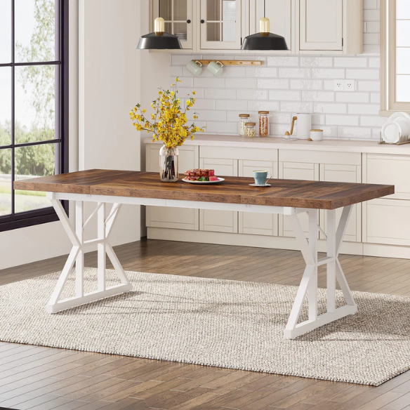Farmhouse Dining Table for 6-8 People – Rectangular Wood Kitchen Table with X-Shaped Accents, Spacious & Multifunctional for Dining, Office, or Gathering
