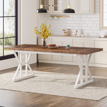 Farmhouse Dining Table for 6-8 People – Rectangular Wood Kitchen Table with X-Shaped Accents, Spacious & Multifunctional for Dining, Office, or Gathering