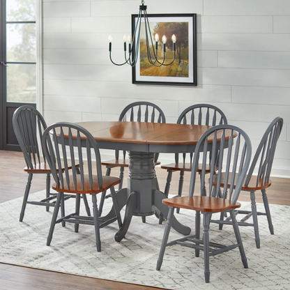 7-Piece Farmhouse Solid Wood Dining Set with Extension Leaf – Pedestal Table & Windsor Chairs