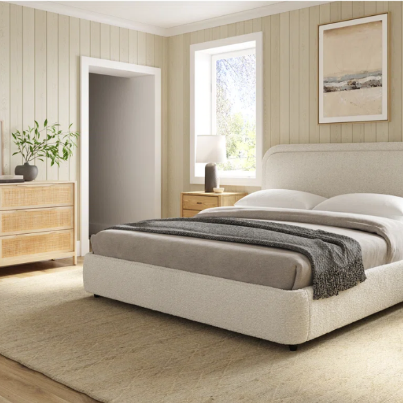 Premium Upholstered Aurora Lift-Up Storage Bed with Elegant Boucle Performance Fabric, Plush Foam-Padded Headboard, and Spacious Under-Bed Storage for a Clutter-Free Bedroom