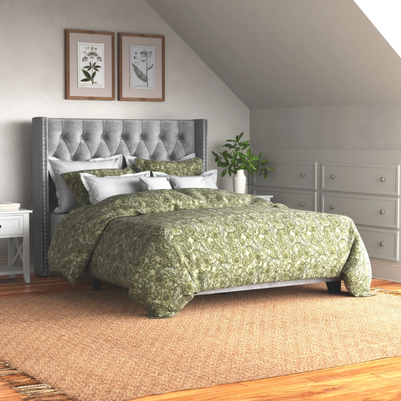 King Size Upholstered Low-Profile Bed with Wingback Headboard, Button Tufting, and Nailhead Trim – Glamorous, Traditional Design with Flared Legs