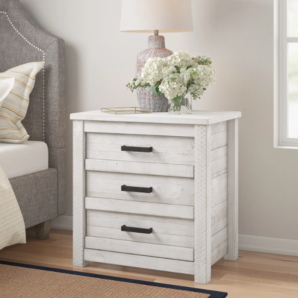3-Drawer Solid Wood Nightstand – Rustic Distressed Finish, Clean-Lined Plank Design, Metal Hardware for Easy Access, Perfect for Storing Bedside Essentials in Traditional Bedrooms