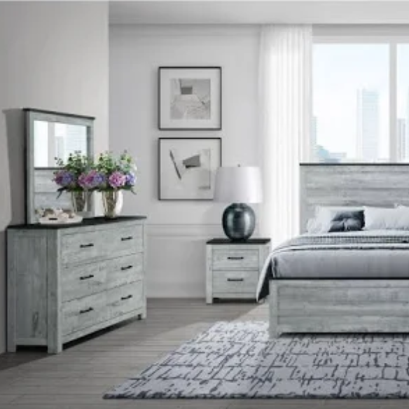 Rustic Grey Wash Queen 5-Piece Bedroom Set – Plank Design Bed, Dresser, Nightstand, and Chest with Black Accents and Durable Hardware