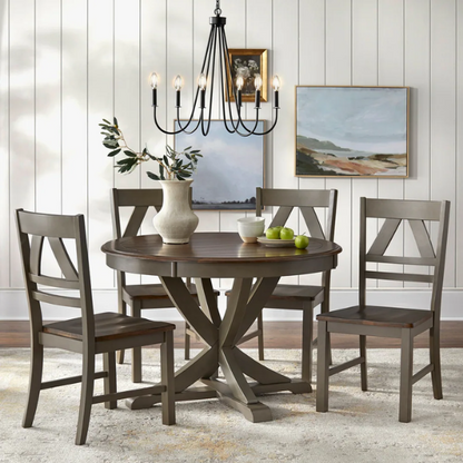 Country-Style 5-Piece Dining Set – Round Beadboard Table with X-Base and Geometric Back Chairs