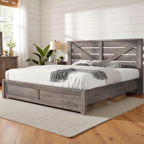 Farmhouse Classic Bed Frame with 49.2" Barn Door-Inspired Headboard, Ample Under-Bed Storage, Sturdy Metal Frame, and Silent Cotton Padding for Peaceful Sleep
