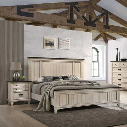 Elegant 5-Piece Cream and Brown Modern Wood Panel Bedroom Set with Intricate Detailing