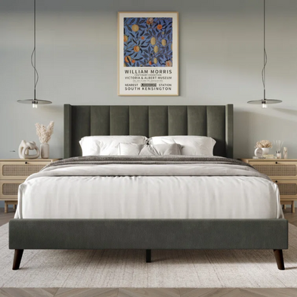 Queen Size Upholstered Wingback Bed with Soft Polyester Fabric – Elegant and Modern Design