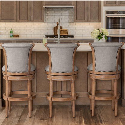 Swivel Bar-Height Stool with High Seat Back – Elegant Curved Back, 180° Automatic Return Swivel, Nail Head Trim, Metal Footrests, and Cushioned Foam Seat for Ultimate Comfort