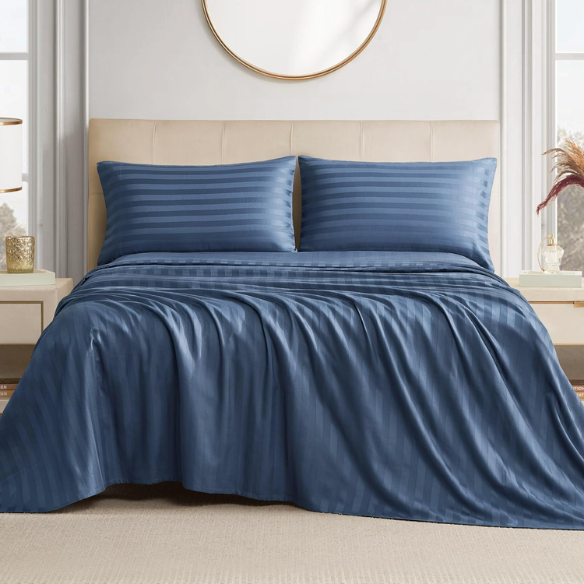 4-Piece Luxury Bed Sheet Set – Fitted & Flat Sheets with Pillowcases | Solid Stripe Bedding for Twin, Full, Queen, King Sizes