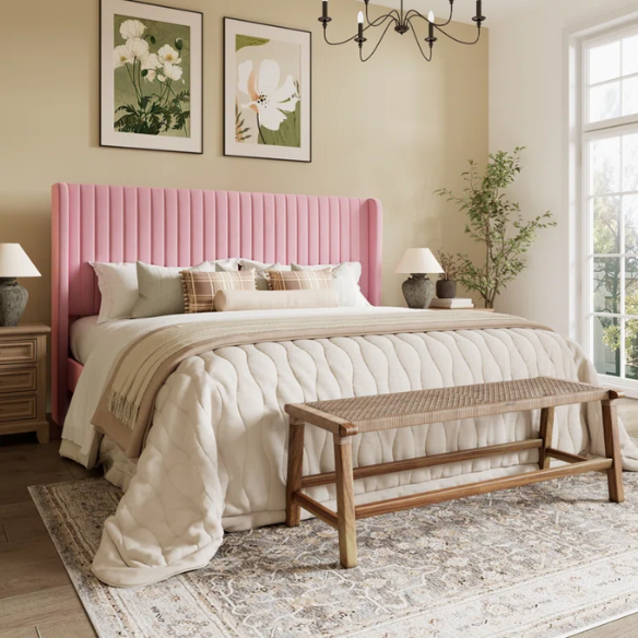 King Size Upholstered Platform Bed with Wingback Headboard – Simple, Elegant Design, Sturdy Wooden Slats, No Box Spring Needed for a Luxurious Sleep Experience