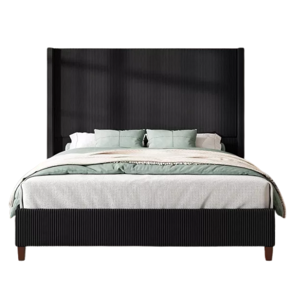 Queen Size Upholstered Wingback Platform Bed in Ribbed Corduroy Fabric