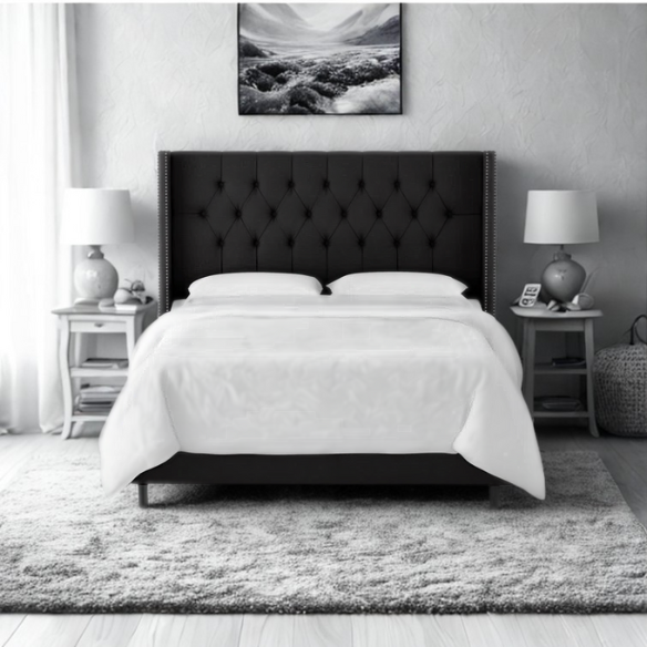 Timeless Upholstered Wingback King Size Bed with Button Tufting and Nailhead Trim