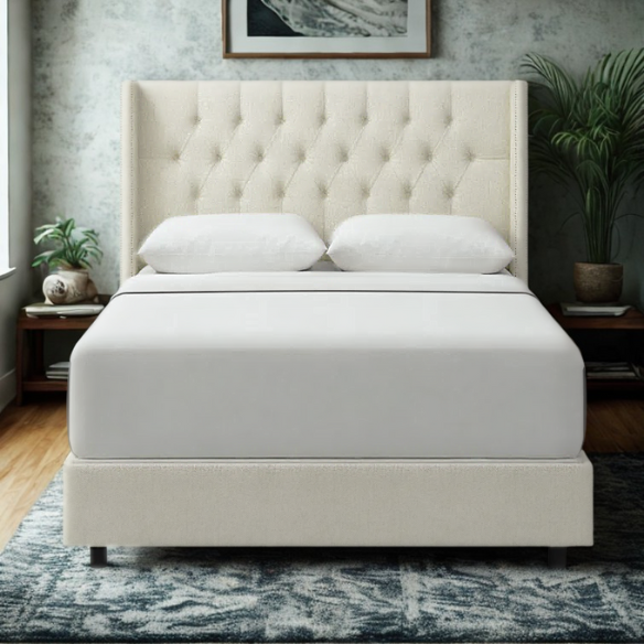 Timeless Upholstered Wingback King Size Bed with Button Tufting and Nailhead Trim