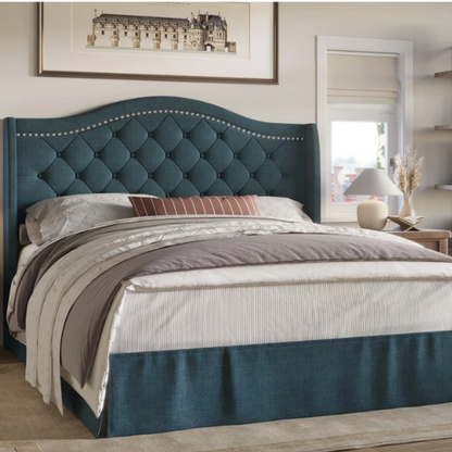 Elegant King Size Upholstered Platform Bed with Arched Camelback Headboard – Nailhead Trim, Diamond Tufting, and Foam Cushioning for Ultimate Comfort