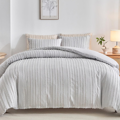 Luxurious Tufted Duvet Cover Set – Queen Size | Striped Textured Boho Bedding | Ultra-Soft Washed Microfiber | 3-Piece Set