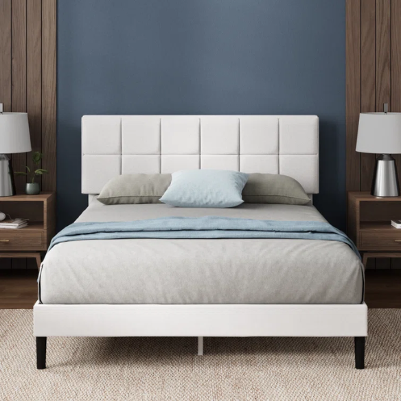 Modern King Size Upholstered Low Profile Platform Bed – Square-Tufted Headboard, Durable Steel Frame
