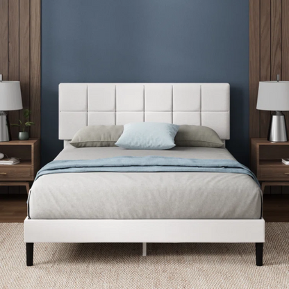 Modern King Size Upholstered Low Profile Platform Bed – Square-Tufted Headboard, Durable Steel Frame