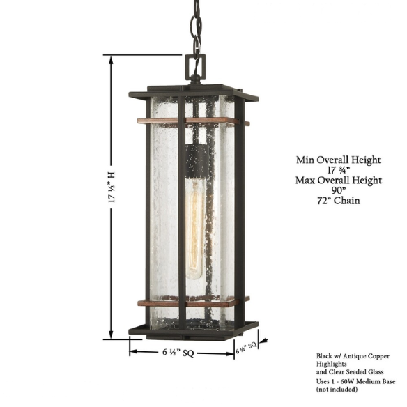 Coal & Seeded Glass 1-Light Outdoor Chain-Hung Lantern – Modern Mission Style with Clear Seeded Glass and Black Frame with Antique Copper Accents