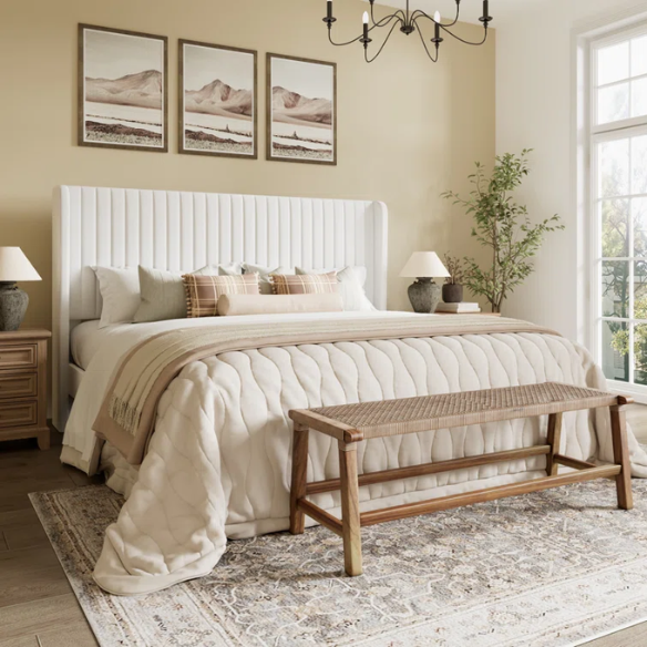 King Size Upholstered Platform Bed with Wingback Headboard – Simple, Elegant Design, Sturdy Wooden Slats, No Box Spring Needed for a Luxurious Sleep Experience