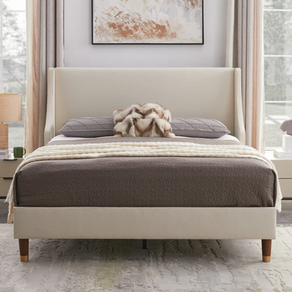 Elegant Linen Wingback Upholstered Platform Bed Frame – Luxurious Full Double Size Design with Gold Piping, Sturdy Support, and Effortless Assembly