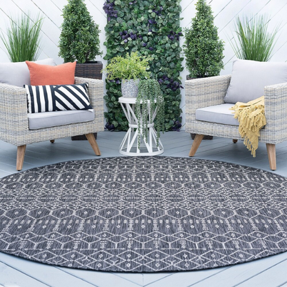Boho-Inspired Charcoal & Light Grey Geometric Rug – Fade & Stain-Resistant, Low-Pile, Perfect for High-Traffic Indoor/Outdoor Spaces
