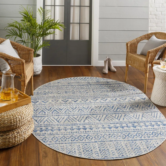 Striped Geometric Area Rug – Blue & Taupe, Durable Polypropylene, Low-Pile Design for High-Traffic Indoor/Outdoor Spaces