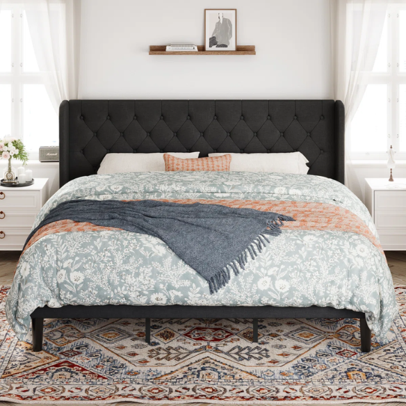 Luxurious King Size Upholstered Wingback Platform Bed with Button-Tufted Linen Fabric – Sturdy Wood Frame, High-Density Foam, and Ample Under-Bed Storage for a Stylish, Safe, and Comfortable Bedroom