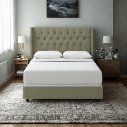 Timeless Upholstered Wingback King Size Bed with Button Tufting and Nailhead Trim