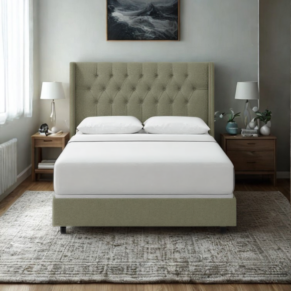 Timeless Upholstered Wingback King Size Bed with Button Tufting and Nailhead Trim