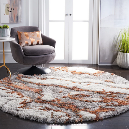 Plush Abstract Rust, Grey, and White Pattern Shag Rug