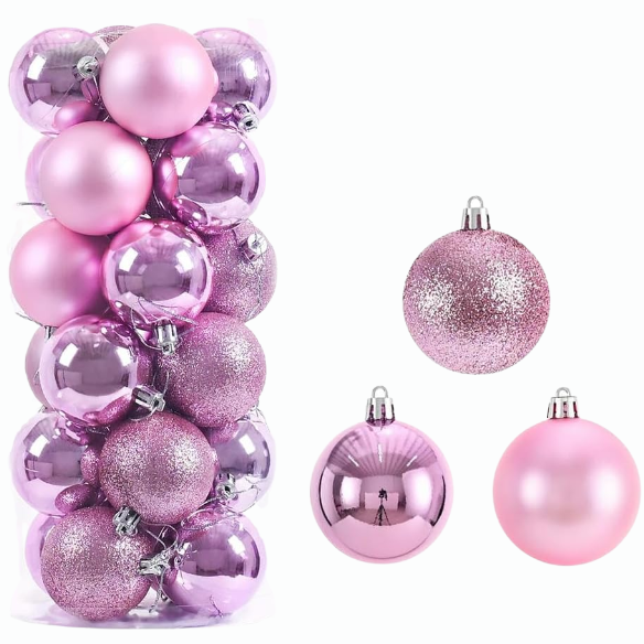 Pink Christmas Ball Ornaments – 24-Piece Set, Shatterproof Holiday Decorations (Available in 3 cm, 4 cm, and 6 cm)