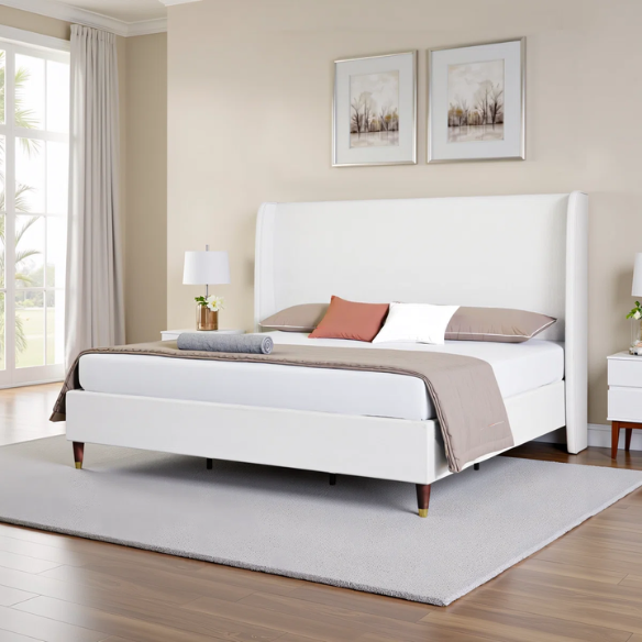 Queen Size Sleek and Minimalist Upholstered Platform Bed with Soft Linen Fabric – Elegant and Modern Design