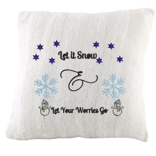 Let It Snow & Let Your Worries Go – Embroidered White Faux Fur Christmas Pillow