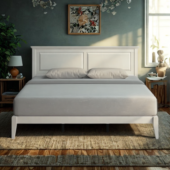 King Size Solid Oak Platform Storage Bed with Inset Panel Headboard, Molding Detail, and Slat System