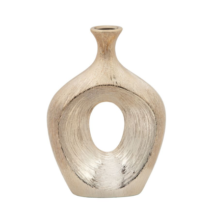 Abstract Sculptural Ceramic Vase with Unique Oval Cut-Out Design – 13" Modern Beaded Accent Vase for Tabletop or Shelf Décor, Ideal for Faux Florals and Statement Styling