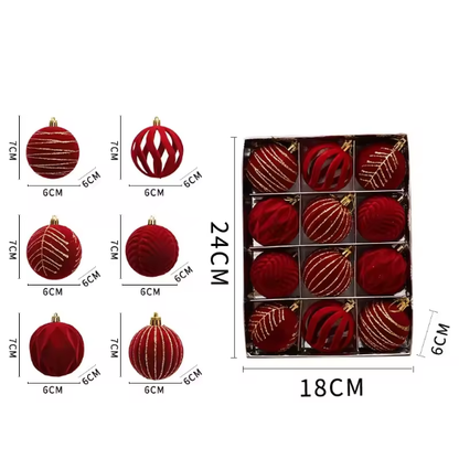 Red & Gold Velvet-Flocked Christmas Ornaments – Luxurious Shatterproof Holiday Set (12 Pieces)