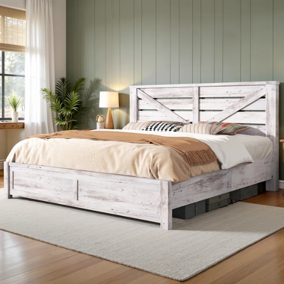 Farmhouse Classic Bed Frame with 49.2" Barn Door-Inspired Headboard, Ample Under-Bed Storage, Sturdy Metal Frame, and Silent Cotton Padding for Peaceful Sleep