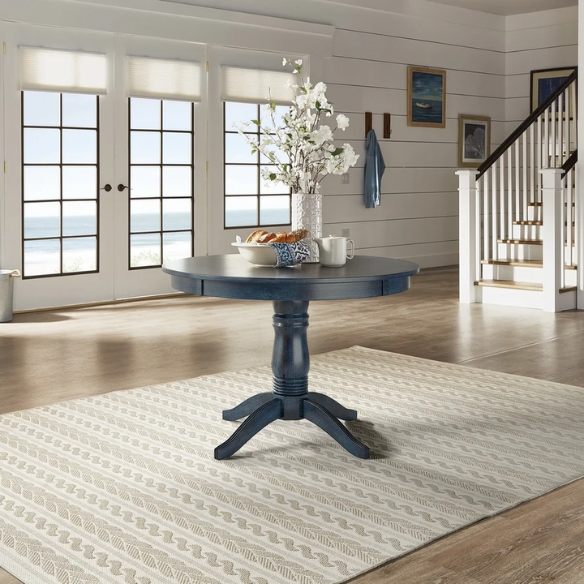 Round Pedestal Base Dining Table – Vintage Farmhouse Style with Distressed Finishes, Compact Design for Small Spaces, Timeless Classic Elegance