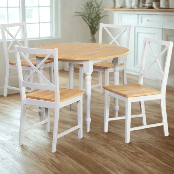 5-Piece Dining Set – Two-Tone Round Table with Drop Leaves & Cross-Back Chairs