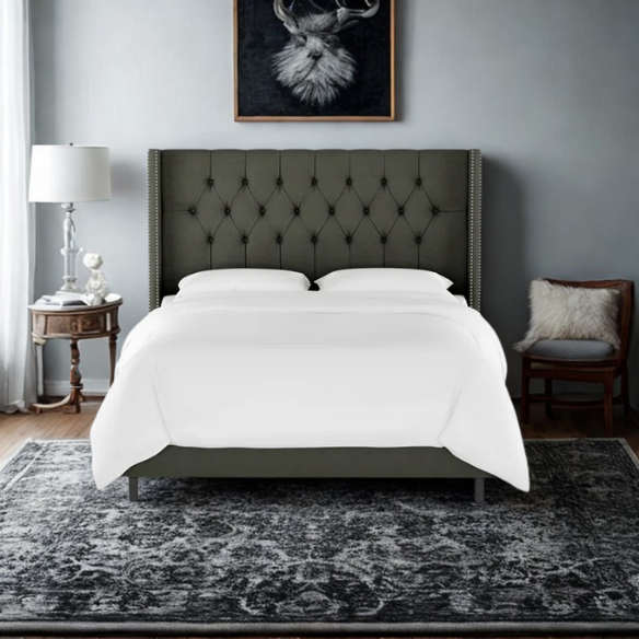 Timeless Upholstered Wingback King Size Bed with Button Tufting and Nailhead Trim