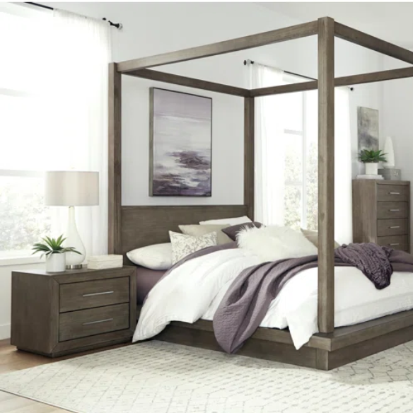 Rustic Solid Wood Platform 4-Piece Bedroom Set - Cozy Mountain Cabin-Inspired Design with Canopy Bed, 9-Drawer Dresser, Nightstand, and Optional 5-Drawer Chest – Natural Pine Wood Finish with Exquisite Grain Detail