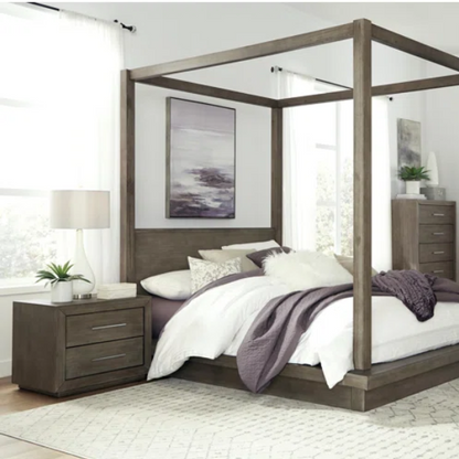 Rustic Solid Wood Platform 4-Piece Bedroom Set - Cozy Mountain Cabin-Inspired Design with Canopy Bed, 9-Drawer Dresser, Nightstand, and Optional 5-Drawer Chest – Natural Pine Wood Finish with Exquisite Grain Detail