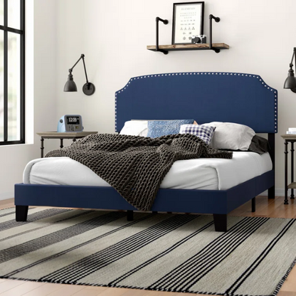 King Size Upholstered Standard Bed with Scooped Corner Headboard, Nailhead Trim, and Extra Support Feet – Classic Design with Adjustable Base Compatibility