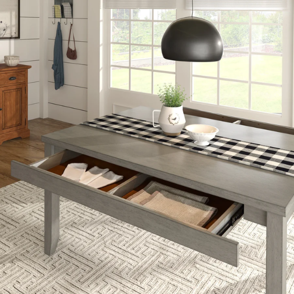 Solid Wood Rectangular Dining Table with Two Drawers – Distressed Finish, Rubberwood Construction, and Organized Storage